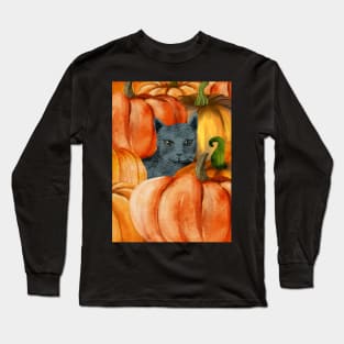 Black cat sitting between pumpkins Long Sleeve T-Shirt